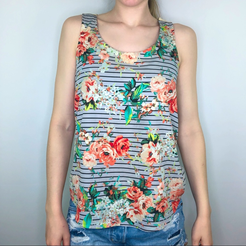 Lauren Conrad Floral Striped Tank Top Racerback Mesh XS Summer Beach Casual